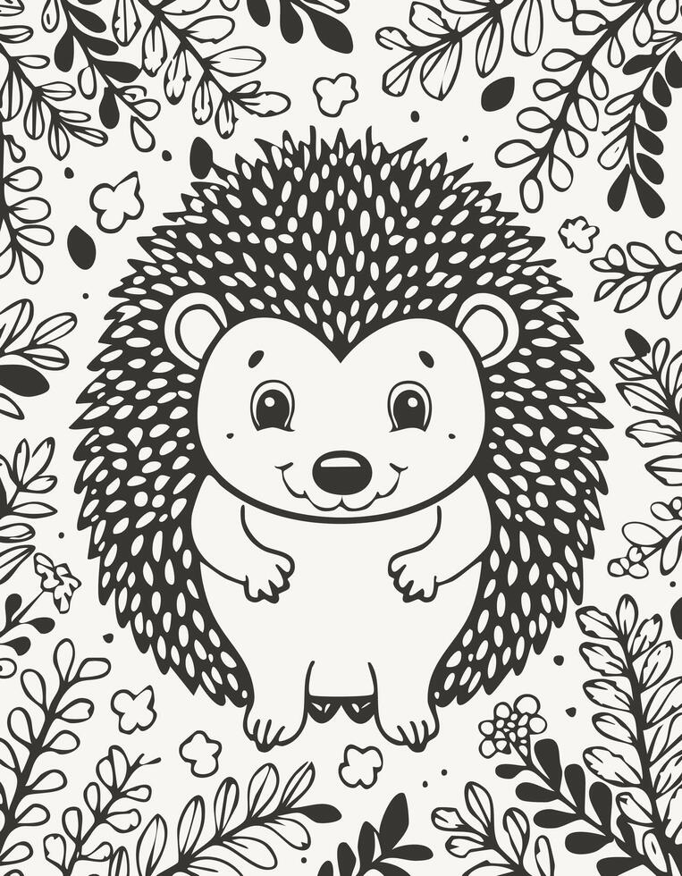 Cute Hedgehog Mammal Coloring Kid Book Page in Black and White. Monochrome Colored Samples vector