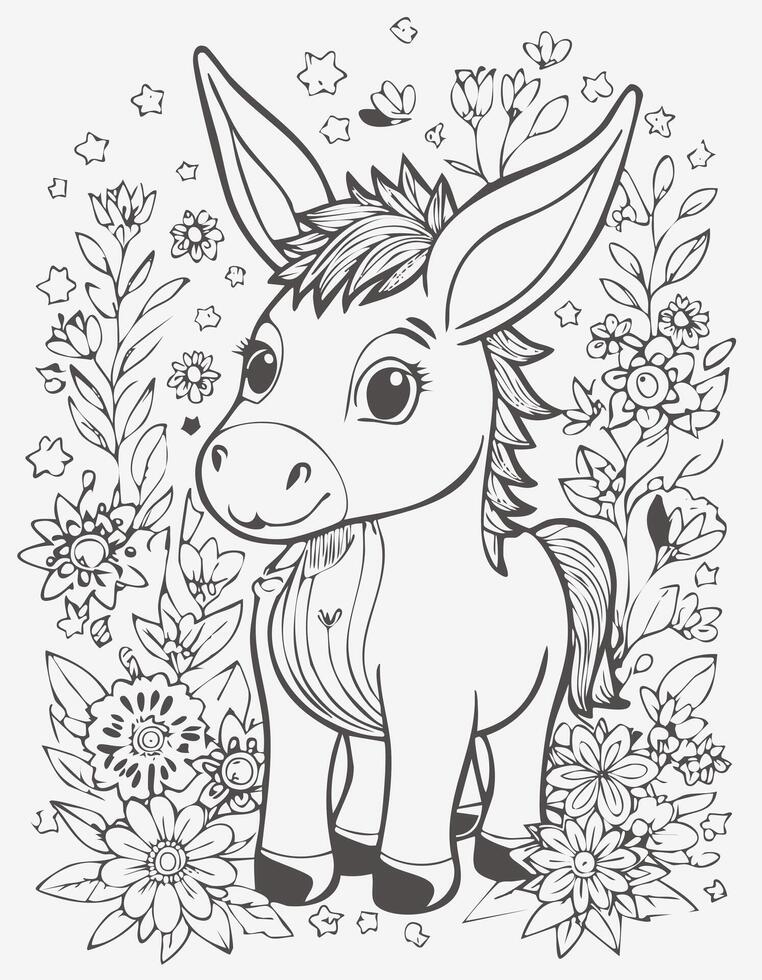 Cute Donkey Mammal Coloring Kid Book Page in Black and White. and Colored Samples vector
