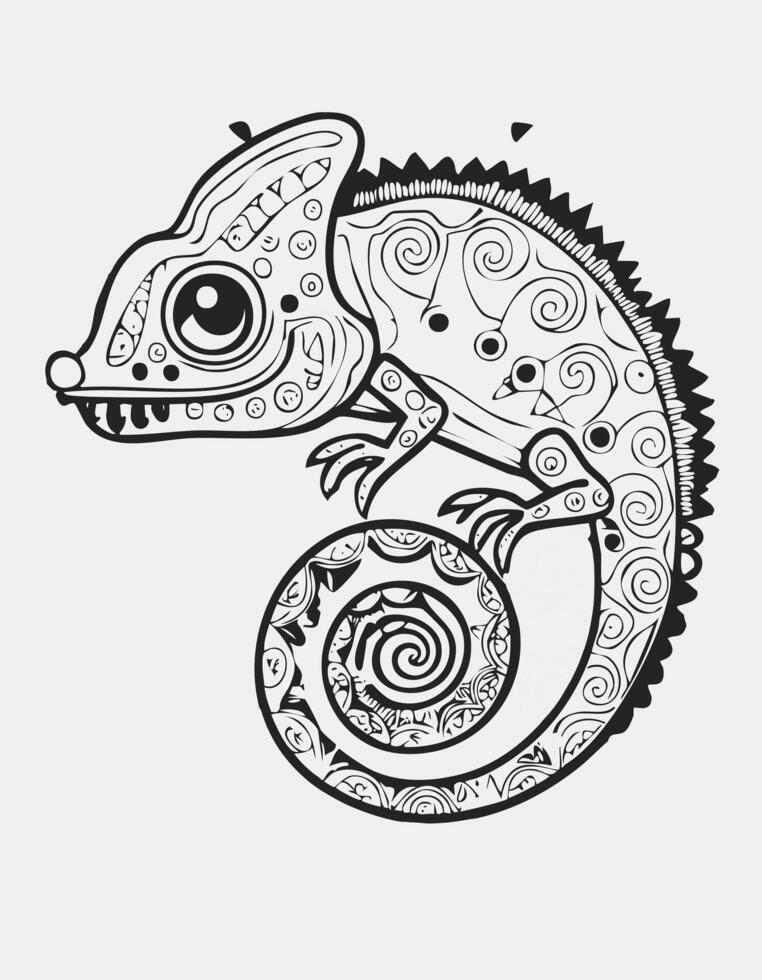 Cute Chameleon Coloring Kid Book Page in Black and White. Monochrome and Samples vector