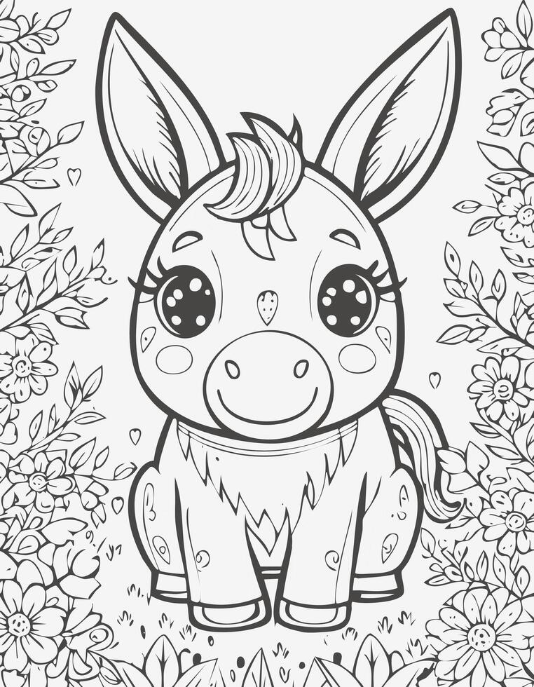 Cute Donkey Mammal Coloring Kid Book Page in Black and White. Monochrome and Colored Samples vector