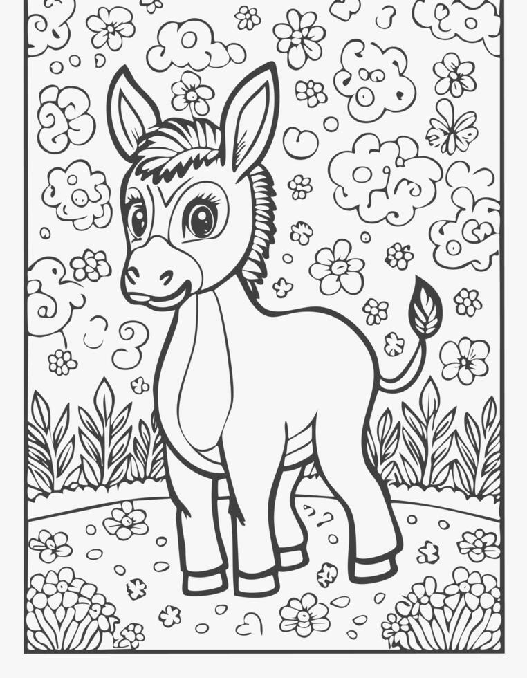 Cute Donkey Mammal Coloring Kid Book Page in Black White. Monochrome and Colored Samples vector