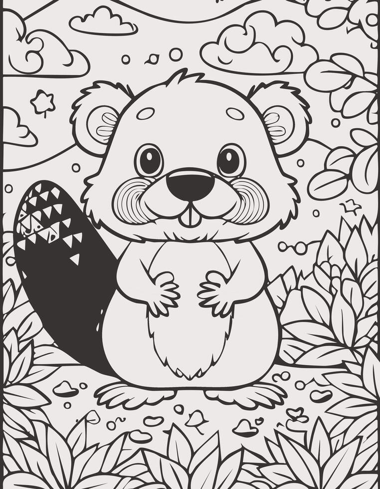 Cute Beaver Mammal Coloring Kid Book Page in Black and White. Monochrome Colored Samples vector