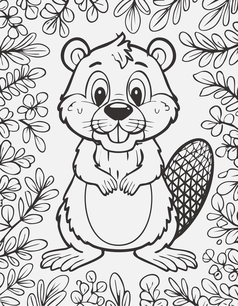 Cute Beaver Mammal Coloring Kid Book Page in Black and White. Monochrome and Samples vector