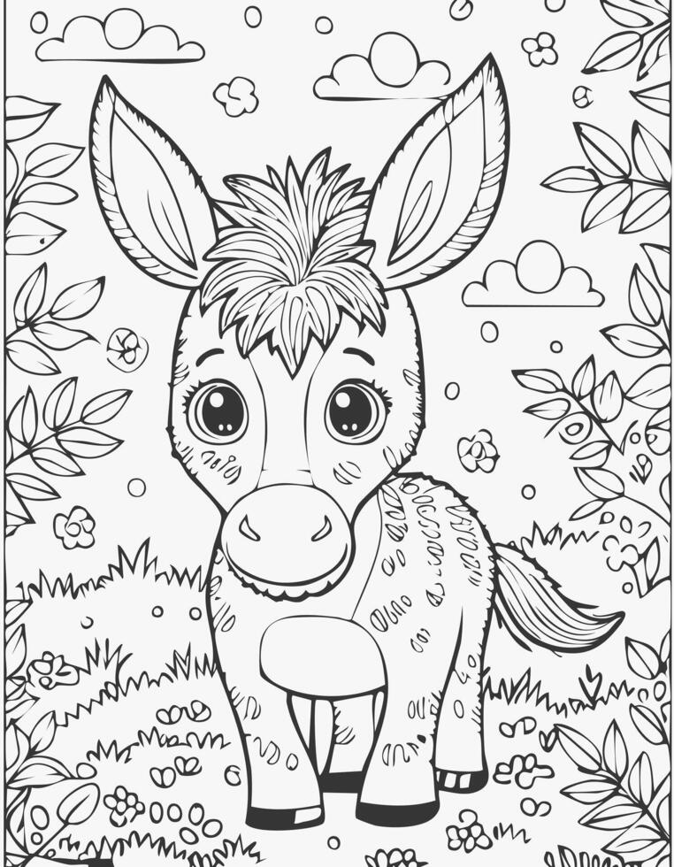 Cute Donkey Mammal Coloring Kid Book Page in Black and White. Monochrome and Colored vector