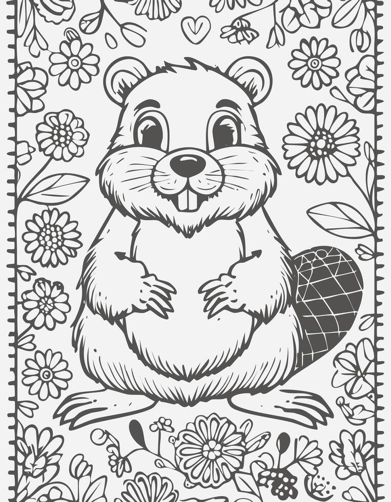 Cute Beaver Mammal Coloring Kid Book Page in Black and White. Monochrome and Colored vector