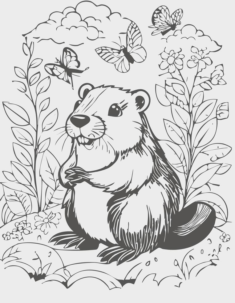 Cute Beaver Mammal Coloring Kid Book Page in Black and White. Monochrome and Colored Samples vector