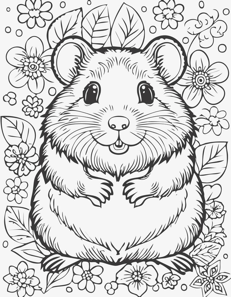 Cute Hamster Mammal Coloring Kid Book Page in Black White. Monochrome and Colored Samples vector