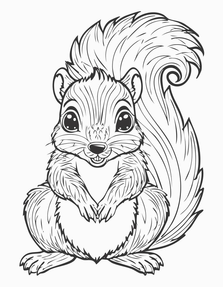 Cute Squirrel Mammal Coloring Kid Book Page in Black and White. Monochrome and Samples vector