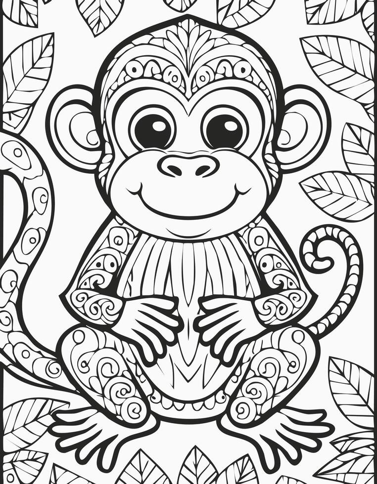 Cute Monkey Mammal Coloring Kid Book Page in Black and White. and Colored Samples vector