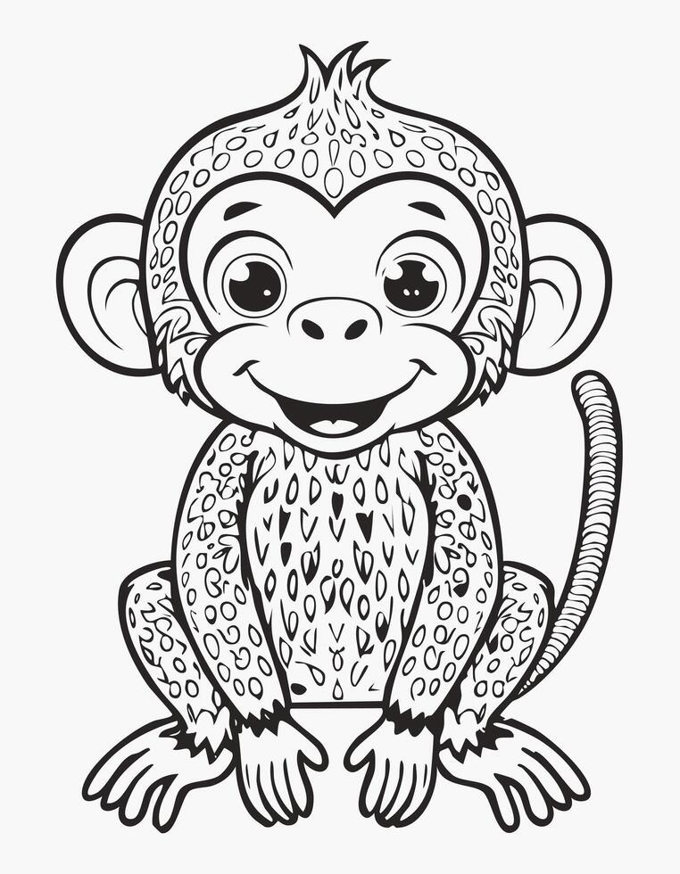 Cute Monkey Mammal Coloring Kid Book Page in Black and White. Monochrome and Colored Samples vector