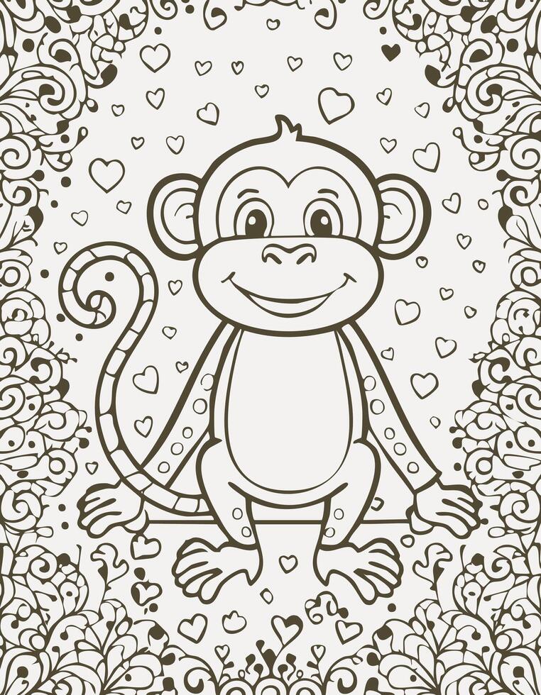 Cute Monkey Mammal Coloring Kid Book Page in Black White. Monochrome and Colored Samples vector
