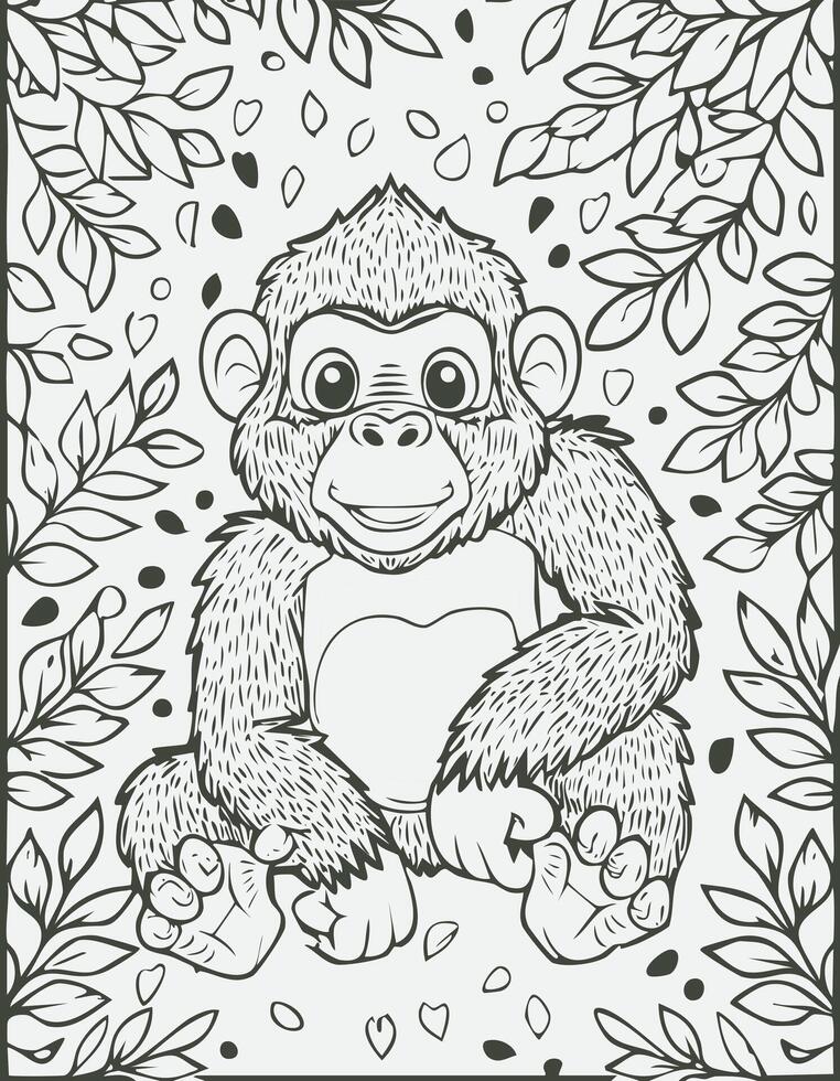 Cute Gorilla Mammal Coloring Kid Book Page in Black and White. Monochrome and Samples vector