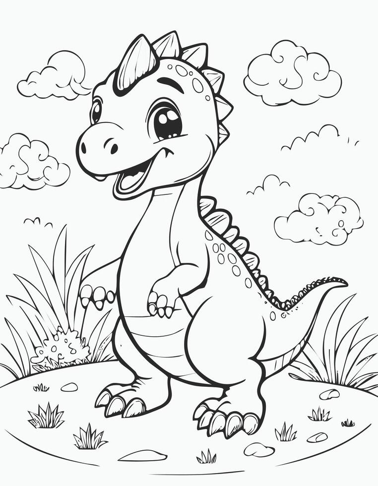 Cute Dinosaur Reptile Coloring Kid Book Page in Black and White. Monochrome Colored Samples vector