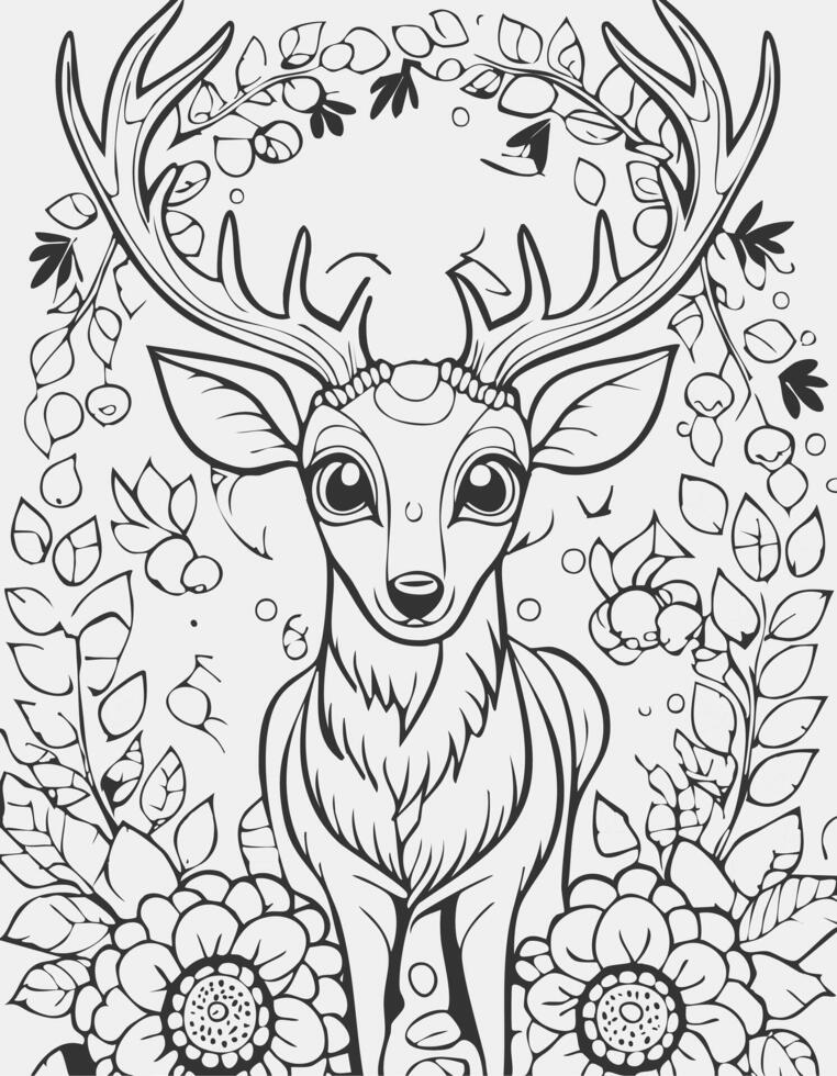 Cute Deer Mammal Coloring Kid Book Page in Black and White. and Colored Samples vector