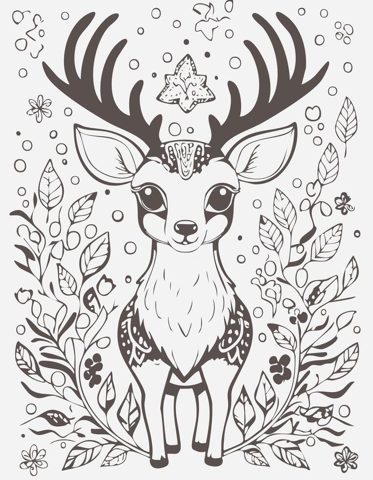 Cute Deer Mammal Coloring Kid Book Page in Black and White. Monochrome Colored Samples vector