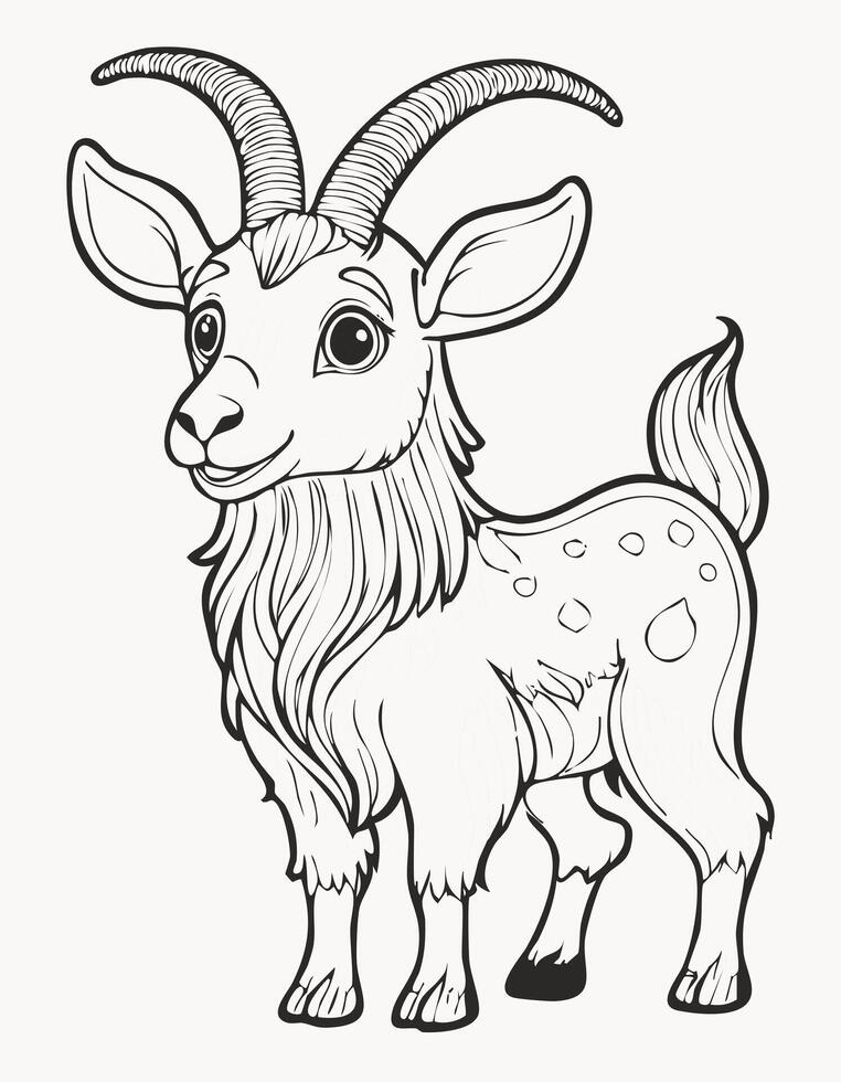 Cute Ibex Goat Mammal Coloring Kid Page in Black and White. Monochrome and Colored Samples vector
