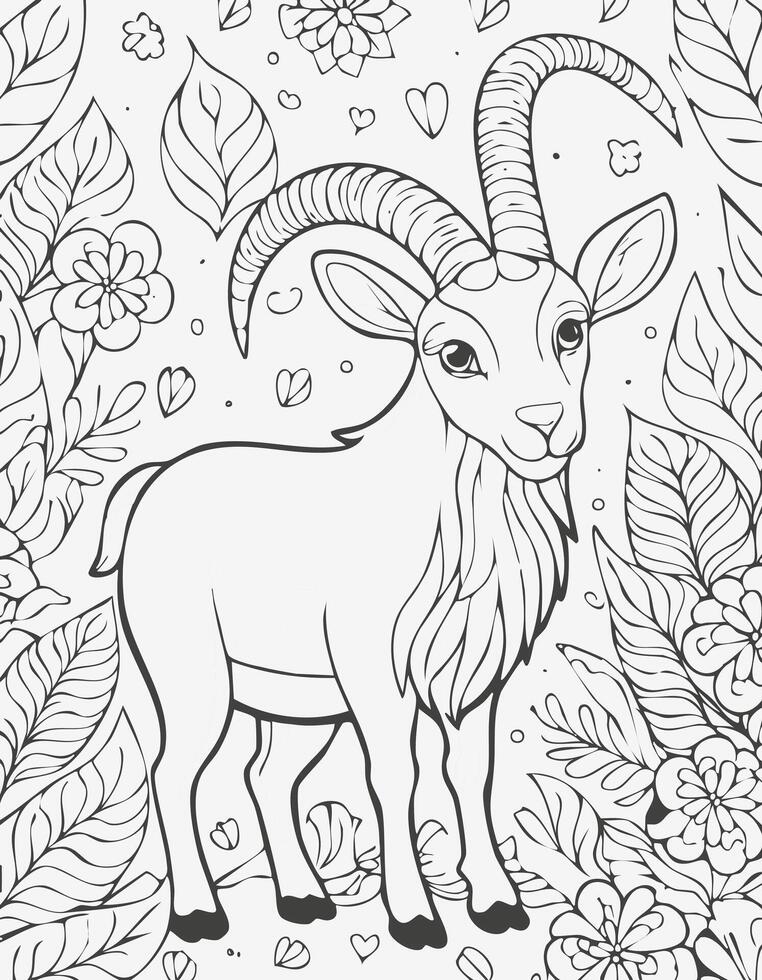 Cute Ibex Goat Mammal Coloring Kid Book Page in Black White. Monochrome and Colored Samples vector