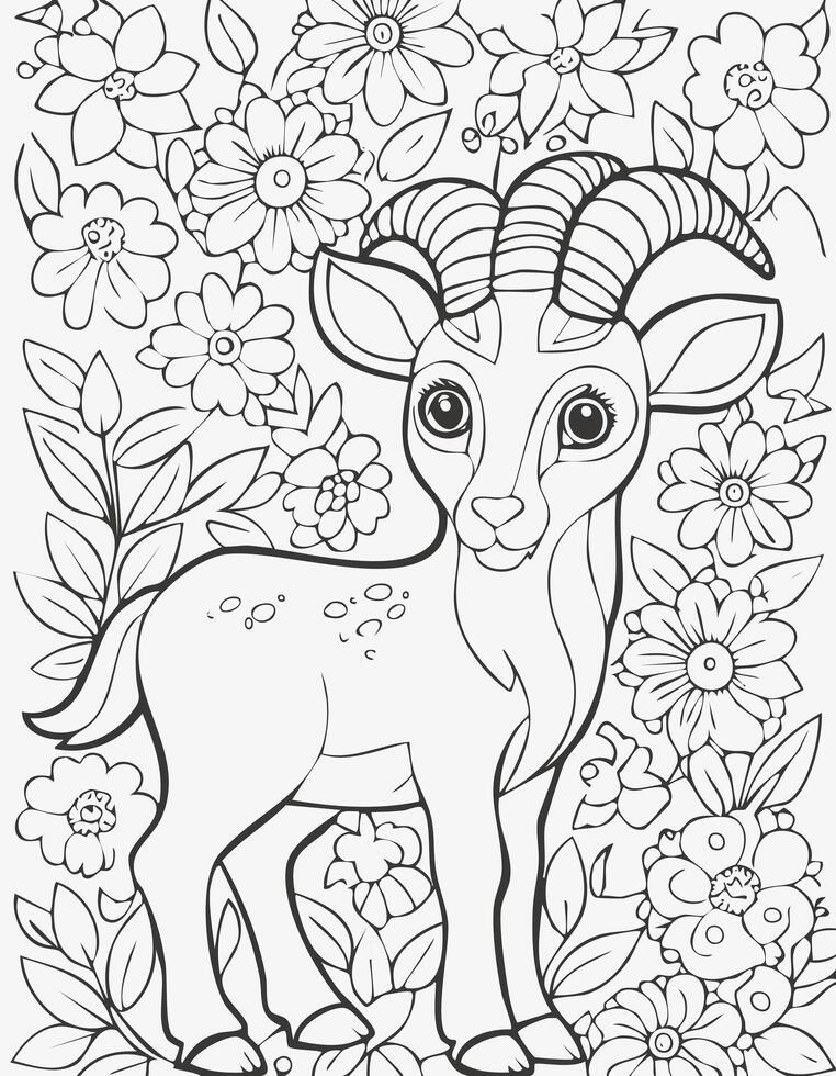 Cute Ibex Goat Mammal Coloring Kid Book Page in Black and White. Monochrome Colored Samples vector