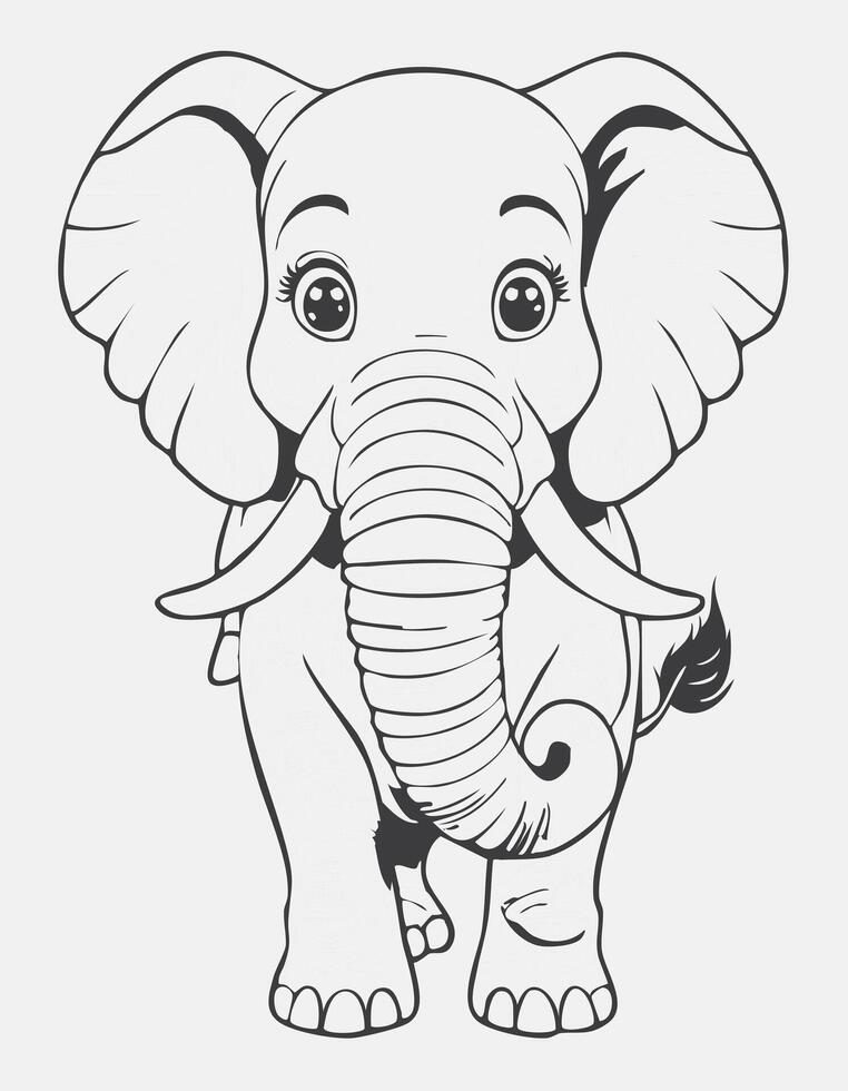 Cute Elephant Mammal Coloring Kid Book Page in Black White. Monochrome and Colored Samples vector