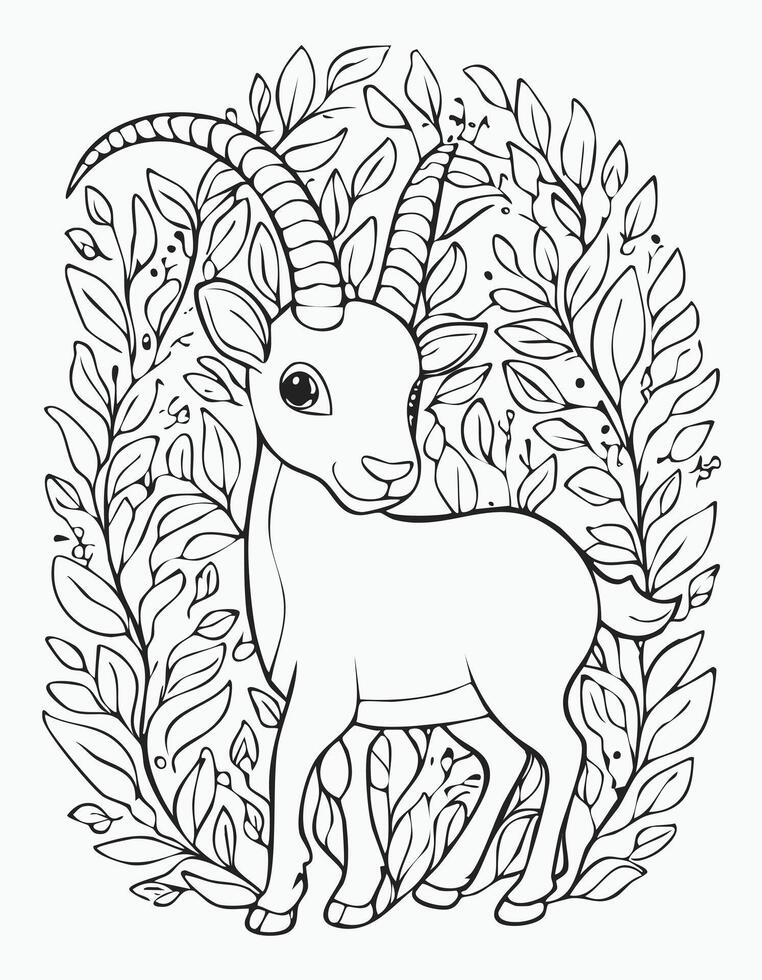Cute Ibex Goat Mammal Coloring Kid Book Page in Black and White. Monochrome and Colored vector