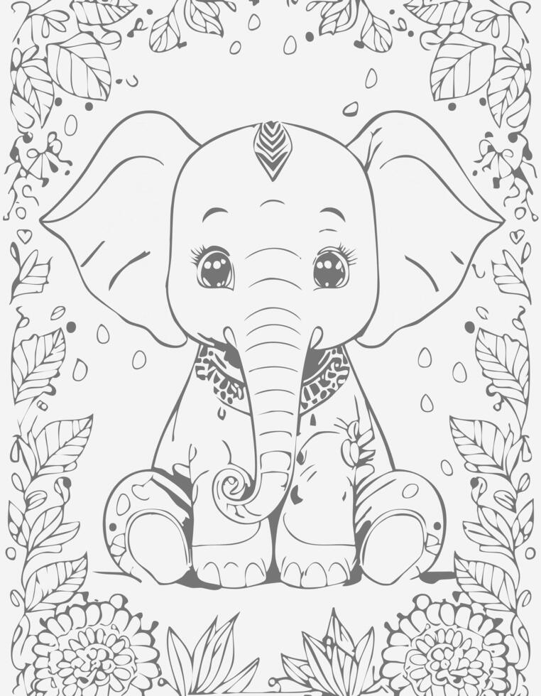 Cute Elephant Mammal Coloring Kid Book Page in Black and White. Monochrome and Colored vector
