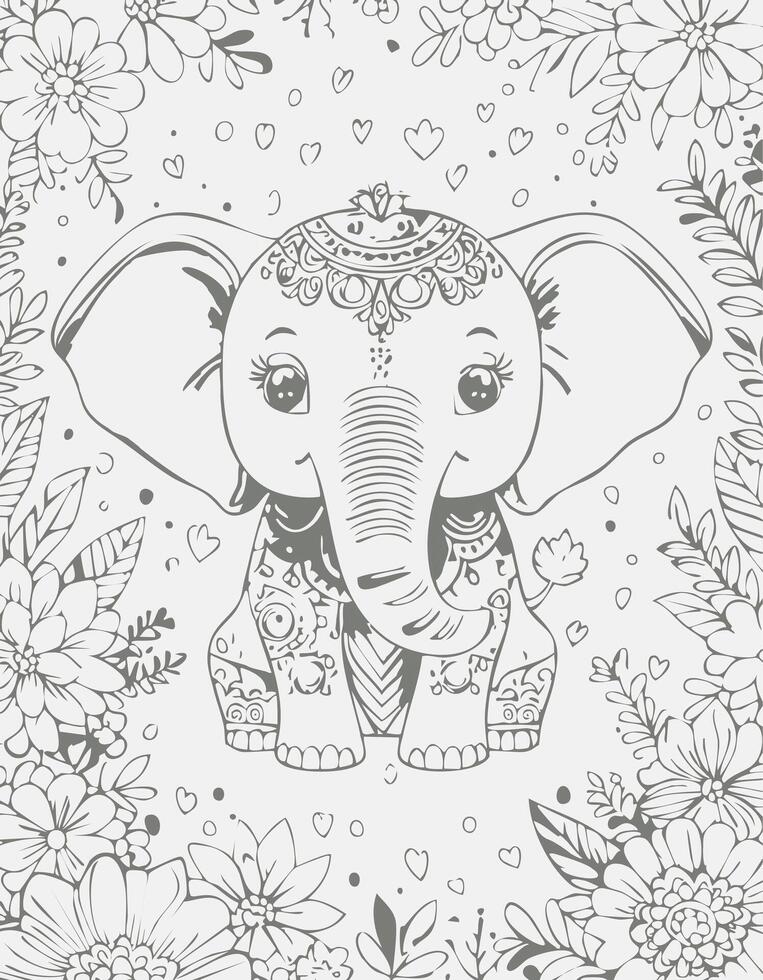 Cute Elephant Mammal Coloring Kid Book Page in Black and White. and Colored Samples vector