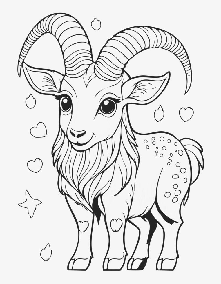 Cute Ibex Goat Mammal Coloring Kid Book Page in Black and White. Monochrome and Samples vector