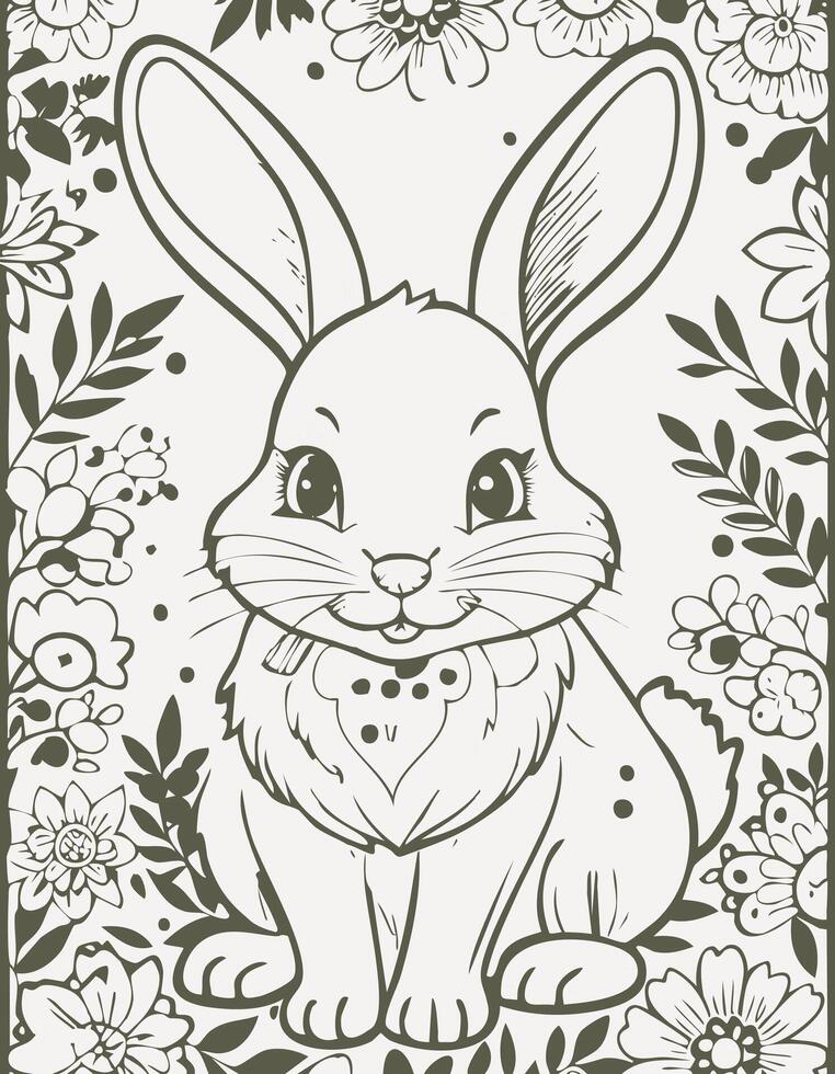Cute Rabbit Bunny Mammal Coloring Kid Book Page in Black and White. and Colored Samples vector