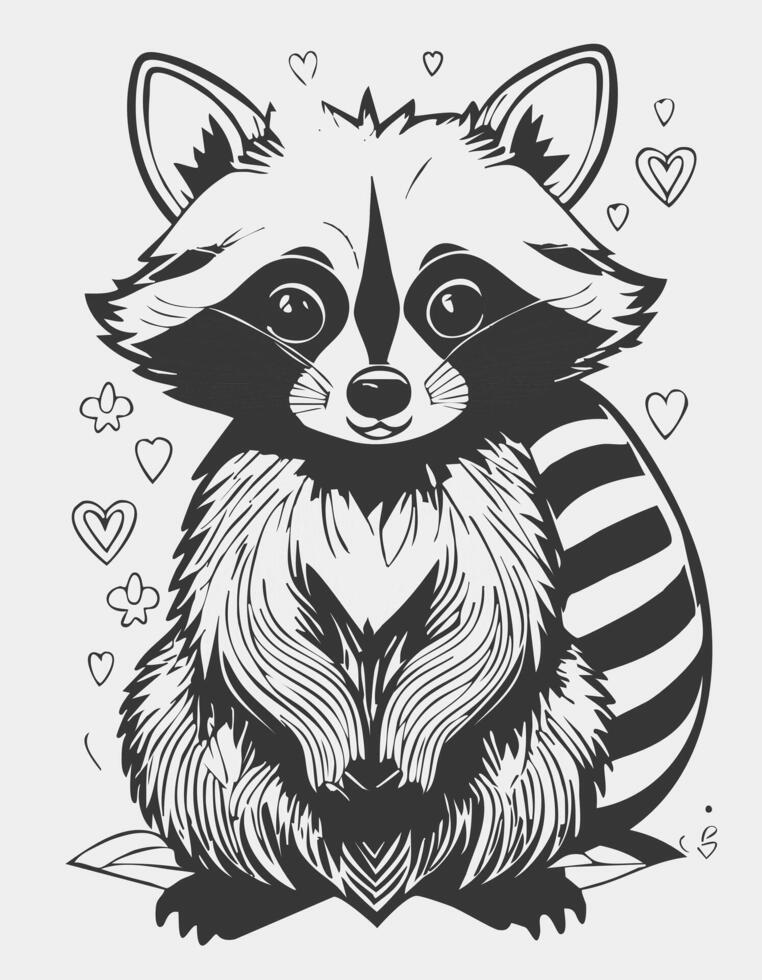 Cute Raccoon Mammal Coloring Kid Book Page in Black and White. Monochrome and Samples vector