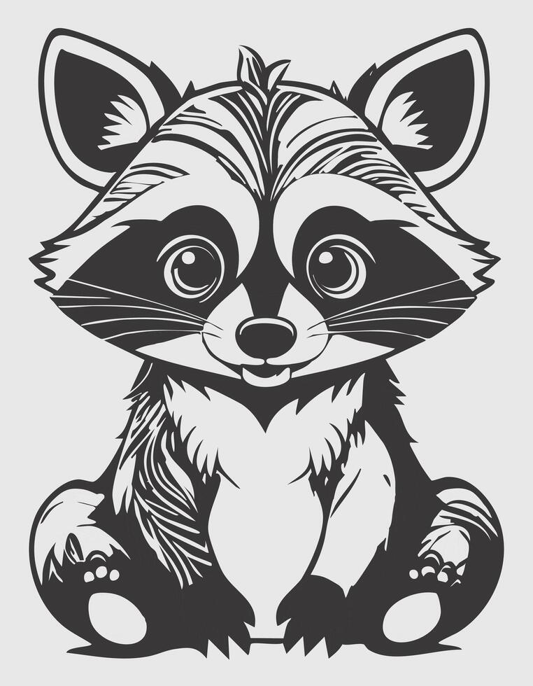 Cute Raccoon Mammal Coloring Kid Book Page in Black White. Monochrome and Colored Samples vector
