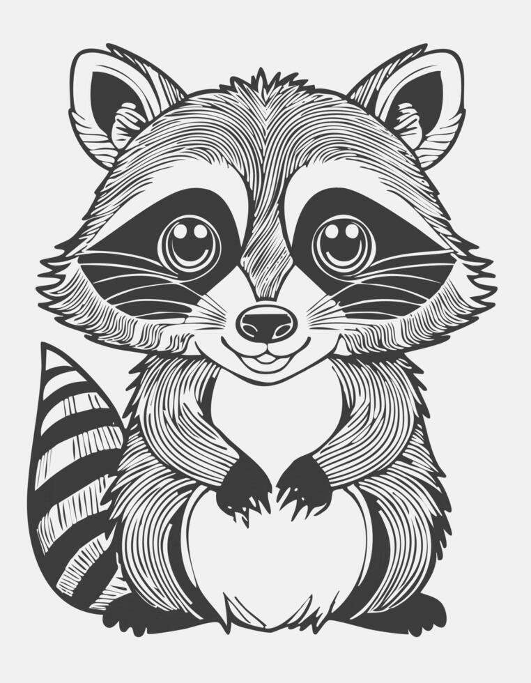 Cute Raccoon Mammal Coloring Kid Page in Black and White. Monochrome and Colored Samples vector