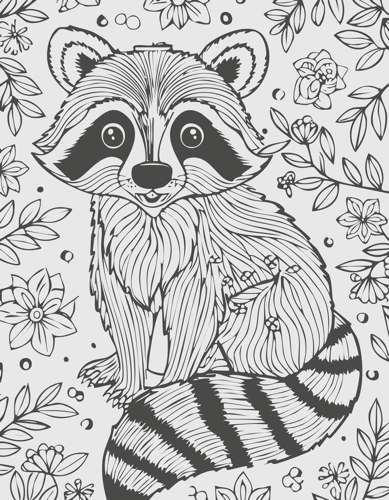 Cute Raccoon Mammal Coloring Kid Book Page in Black and White. Monochrome Colored Samples vector