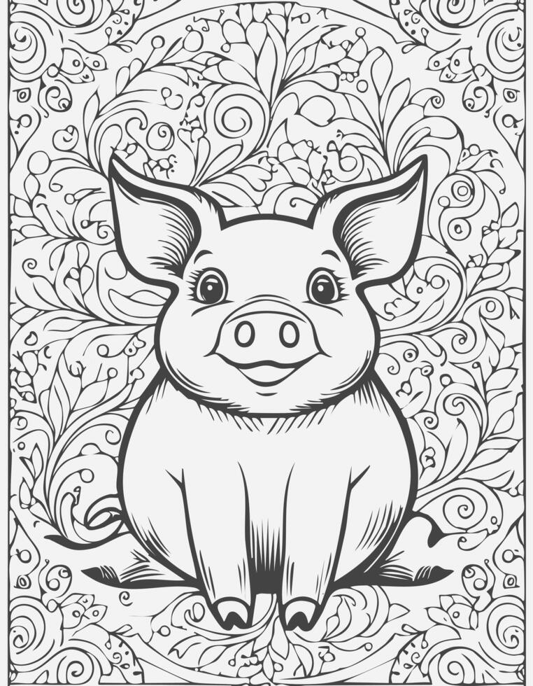 Cute Pig Boar Mammal Coloring Kid Book Page Black and White. Monochrome and Colored Samples vector