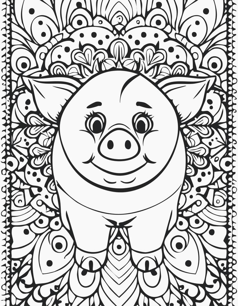 Cute Pig Boar Mammal Coloring Kid Book in Black and White. Monochrome and Colored Samples vector