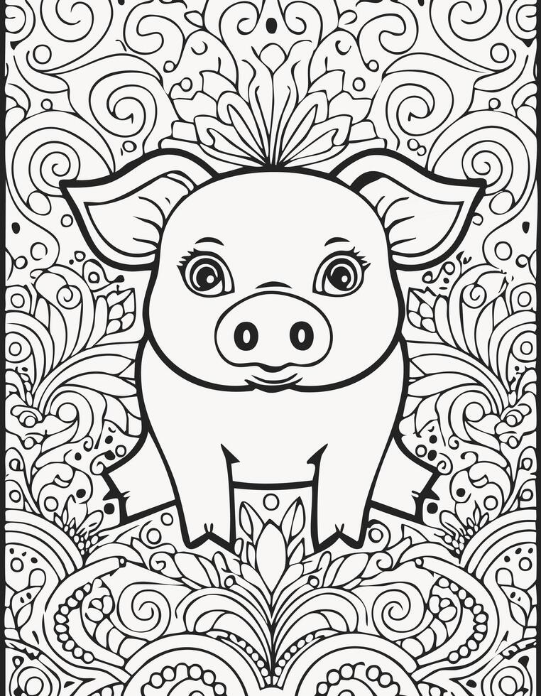 Cute Pig Boar Mammal Coloring Kid Page in Black and White. Monochrome and Colored Samples vector