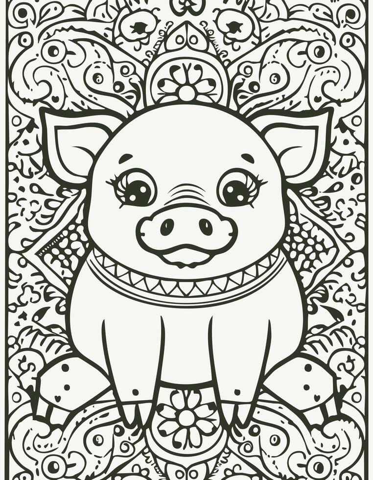 Cute Pig Boar Mammal Coloring Kid Book Page in Black and White. Monochrome and Samples vector