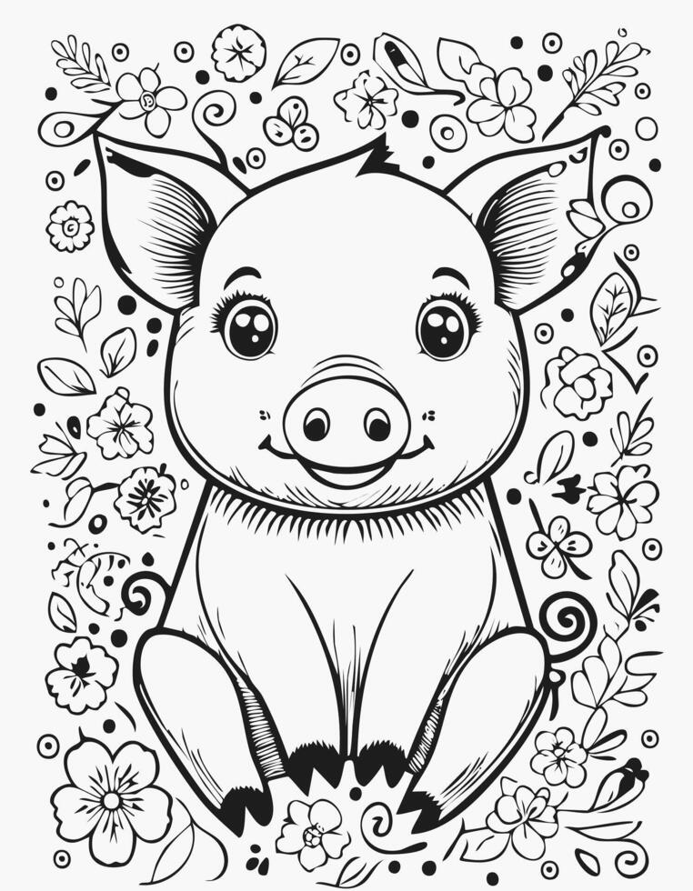 Cute Pig Boar Mammal Coloring Kid Book Page in Black and White. and Colored Samples vector