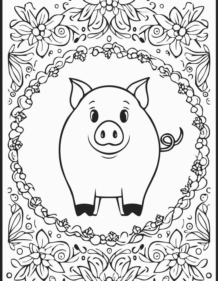 Cute Pig Boar Mammal Coloring Kid Book Page in Black and White. Monochrome Colored Samples vector