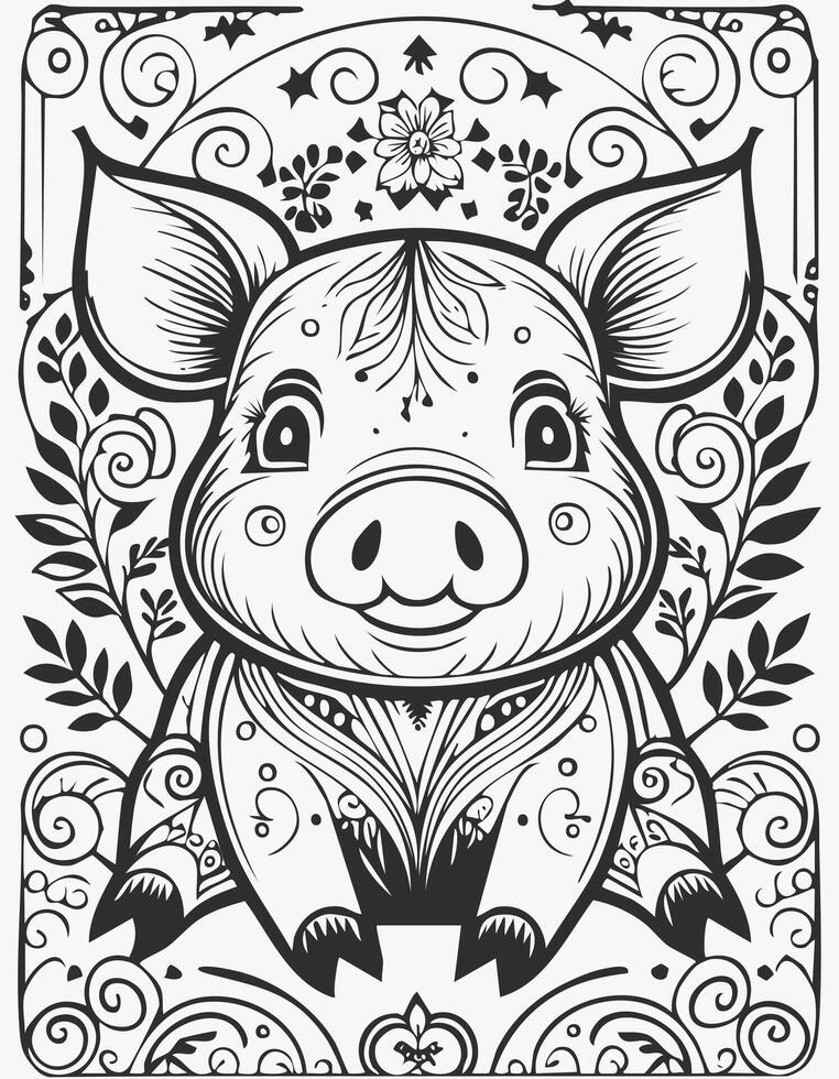 Cute Pig Boar Mammal Coloring Kid Book Page in Black and White. Monochrome and Colored Samples vector