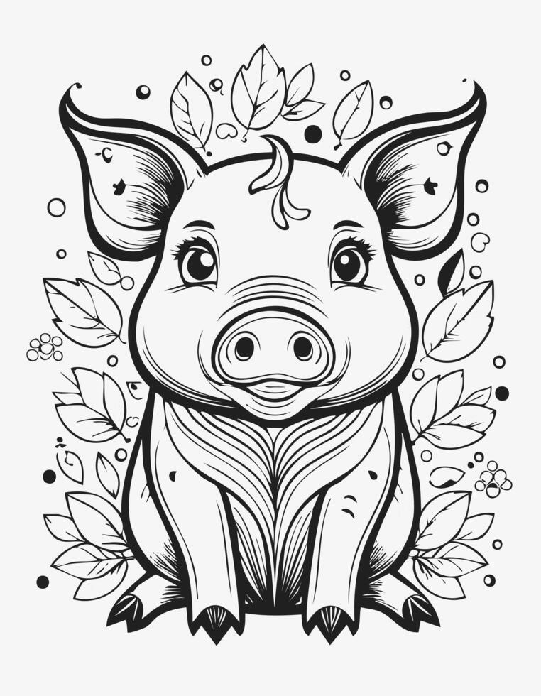 Cute Pig Boar Mammal Coloring Kid Book Page in Black and White. Monochrome and Colored vector