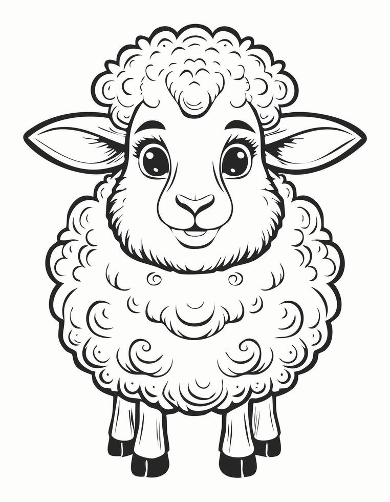 Cute Sheep Mammal Coloring Kid Book Page in Black White. Monochrome and Colored Samples vector