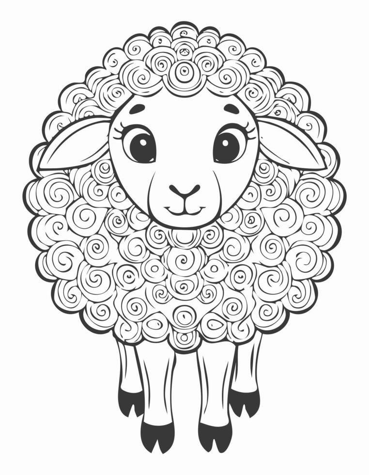 Cute Sheep Mammal Coloring Kid Book Page in Black and White. Monochrome Colored Samples vector