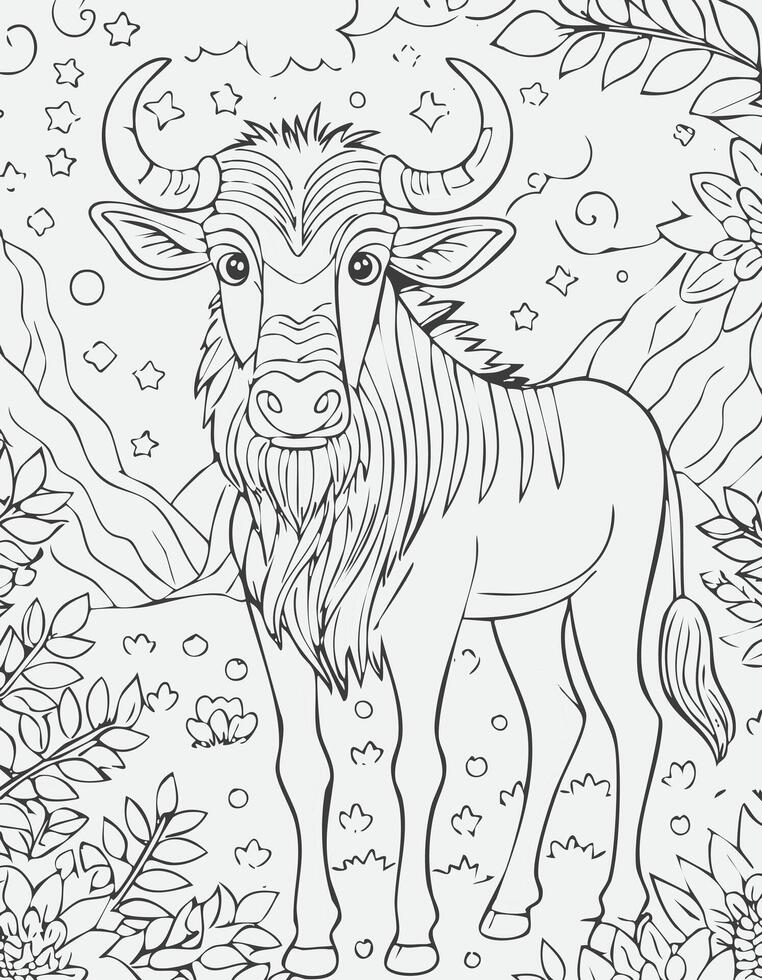 Cute Wildebeest Mammal Coloring Kid Book Page Black and White. Monochrome and Colored Samples vector