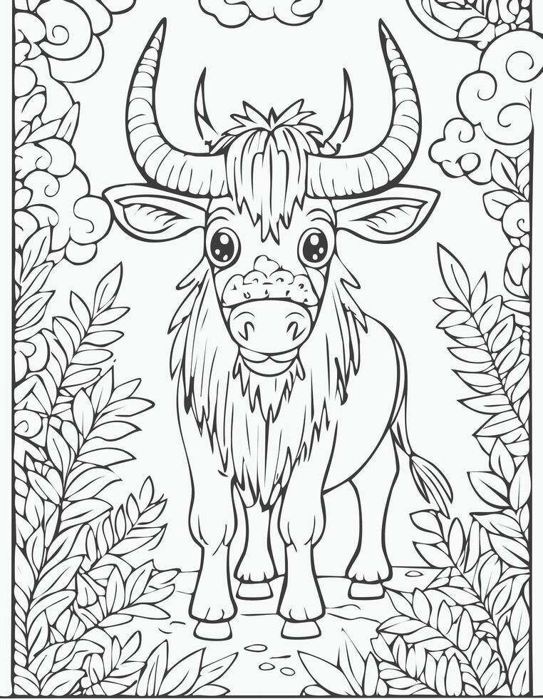 Cute Wildebeest Mammal Coloring Kid Book Page in Black and White. and Colored Samples vector