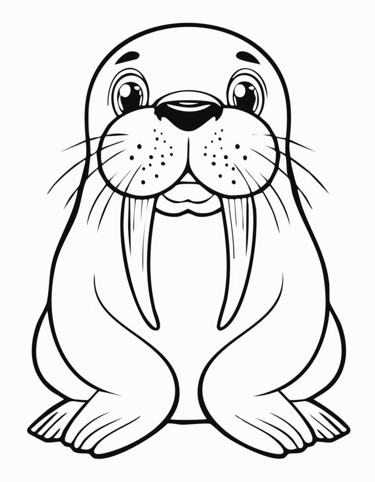 Cute Walrus Coloring Kid Page in Black and White. Monochrome and Colored Samples vector