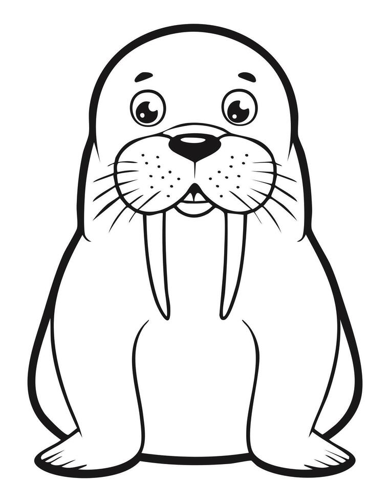 Cute Walrus Coloring Kid Book Page in Black White. Monochrome and Colored Samples vector