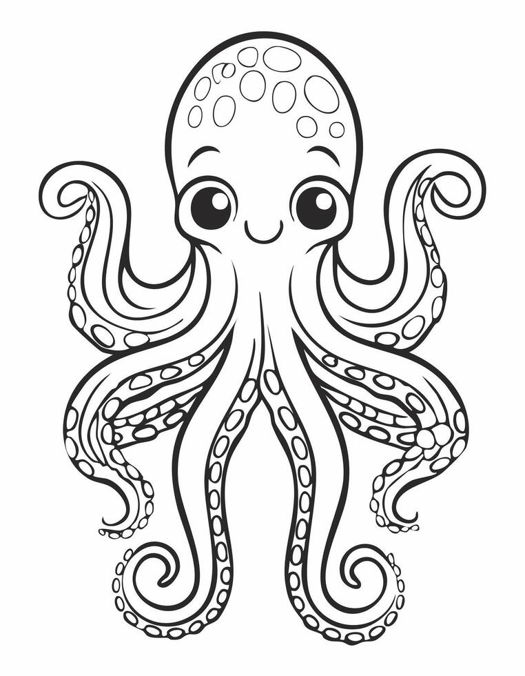 Cute Octopus Coloring Kid Page in Black and White. Monochrome and Colored Samples vector