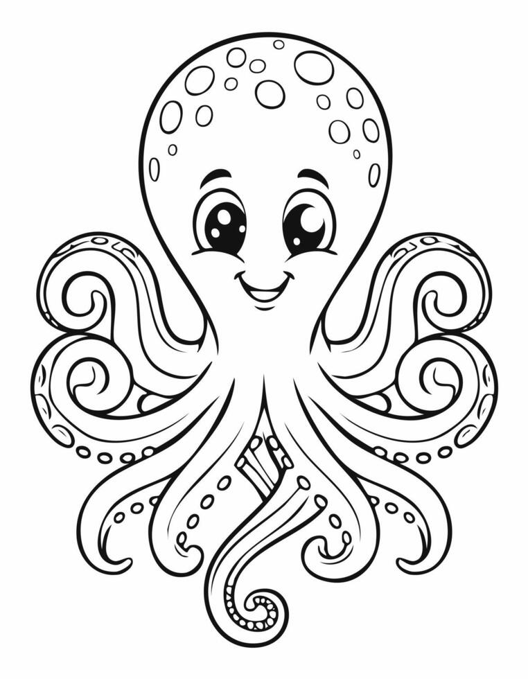 Cute Octopus Coloring Kid Book Page in Black White. Monochrome and Colored Samples vector