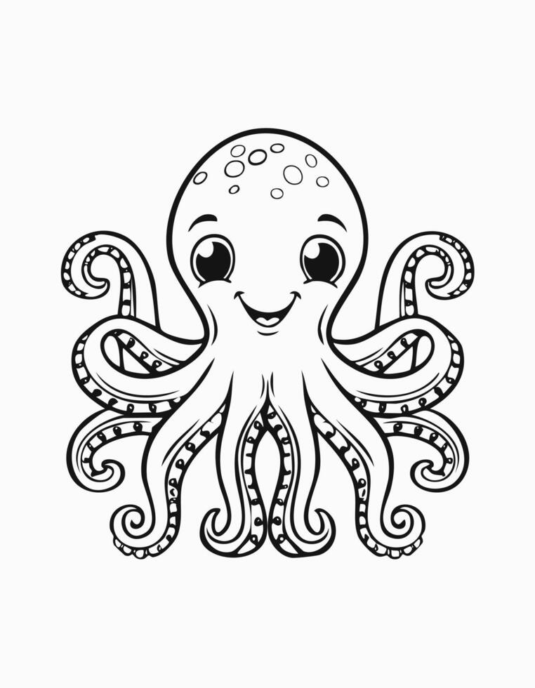 Cute Octopus Coloring Kid Book in Black and White. Monochrome and Colored Samples vector