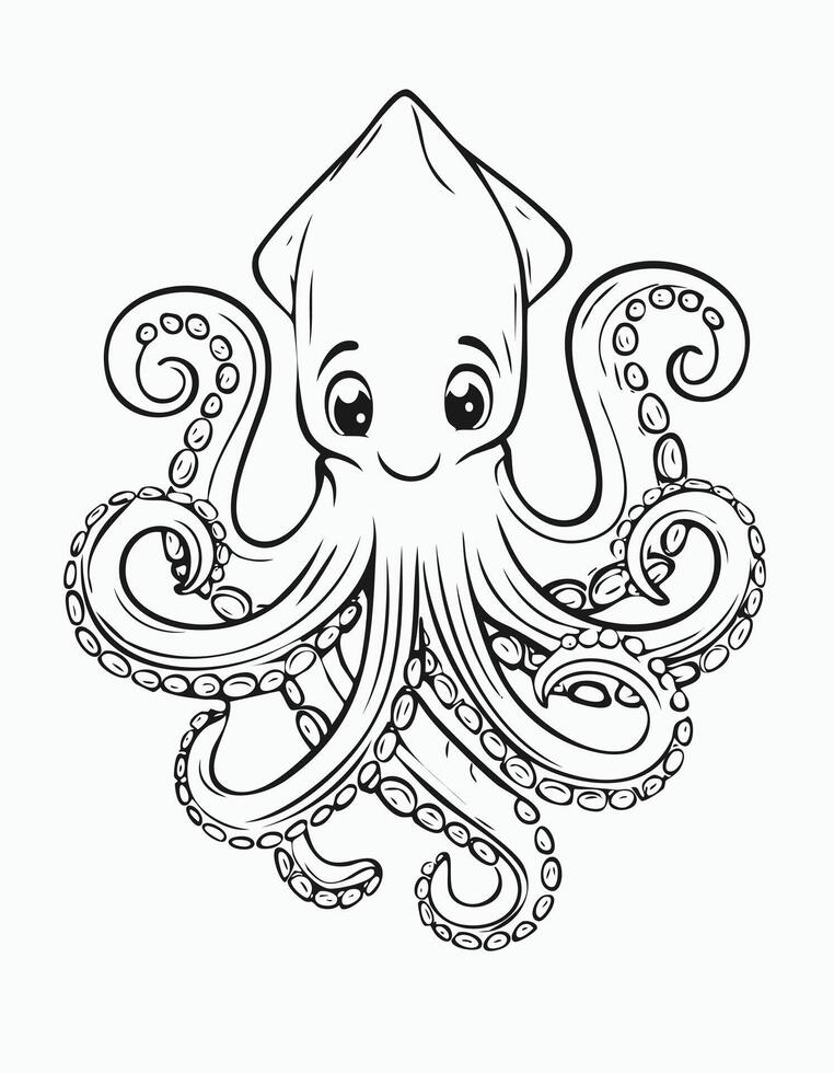 Cute Octopus Coloring Kid Book Page Black and White. Monochrome and Colored Samples vector